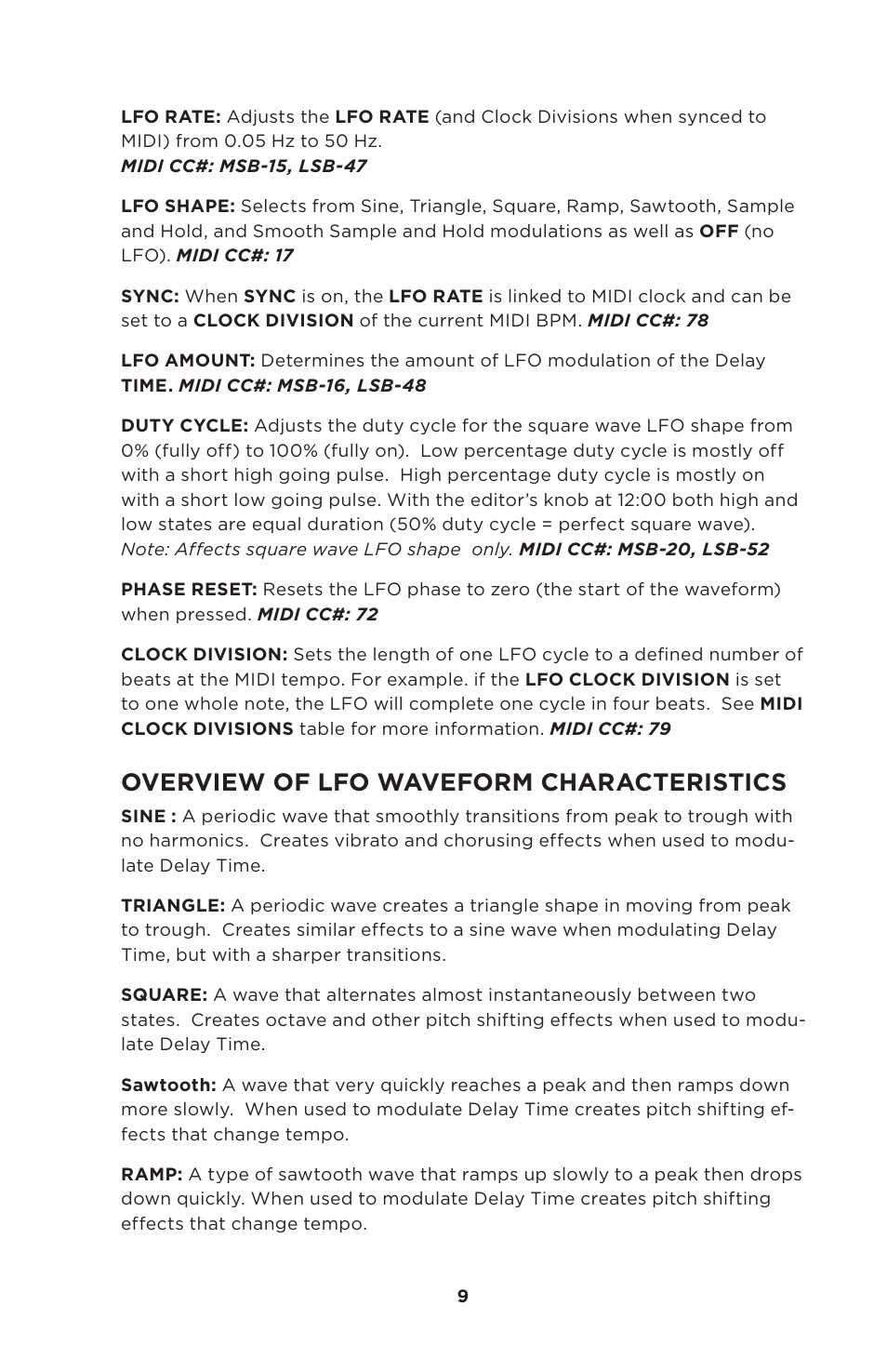 Overview of lfo waveform characteristics | Moog Music 500 Series Analog Delay User Manual | Page 9 / 22