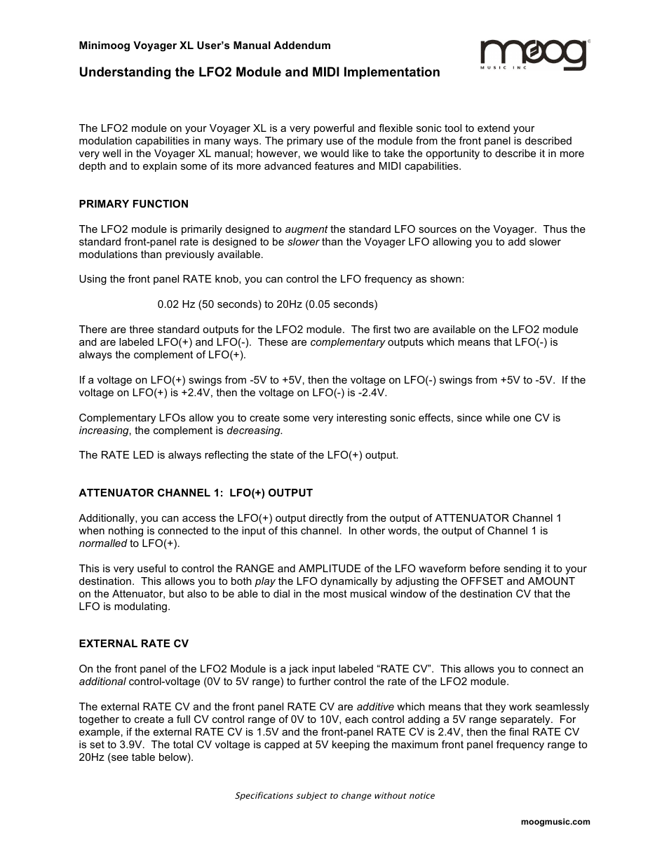 Moog Music Minimoog Voyager XL (User’s Manual Addendum) User Manual | 5 pages