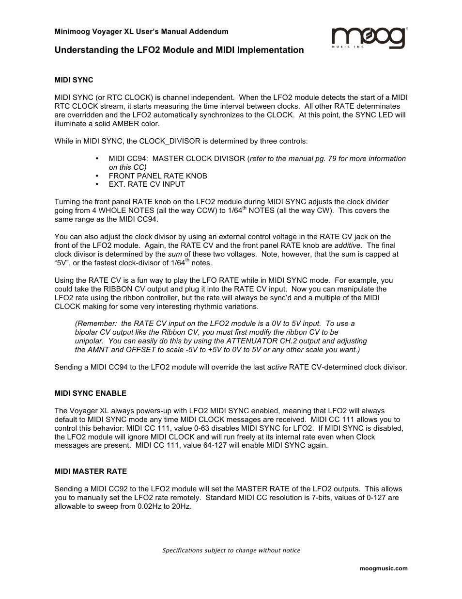 Moog Music Minimoog Voyager XL (User’s Manual Addendum) User Manual | Page 3 / 5