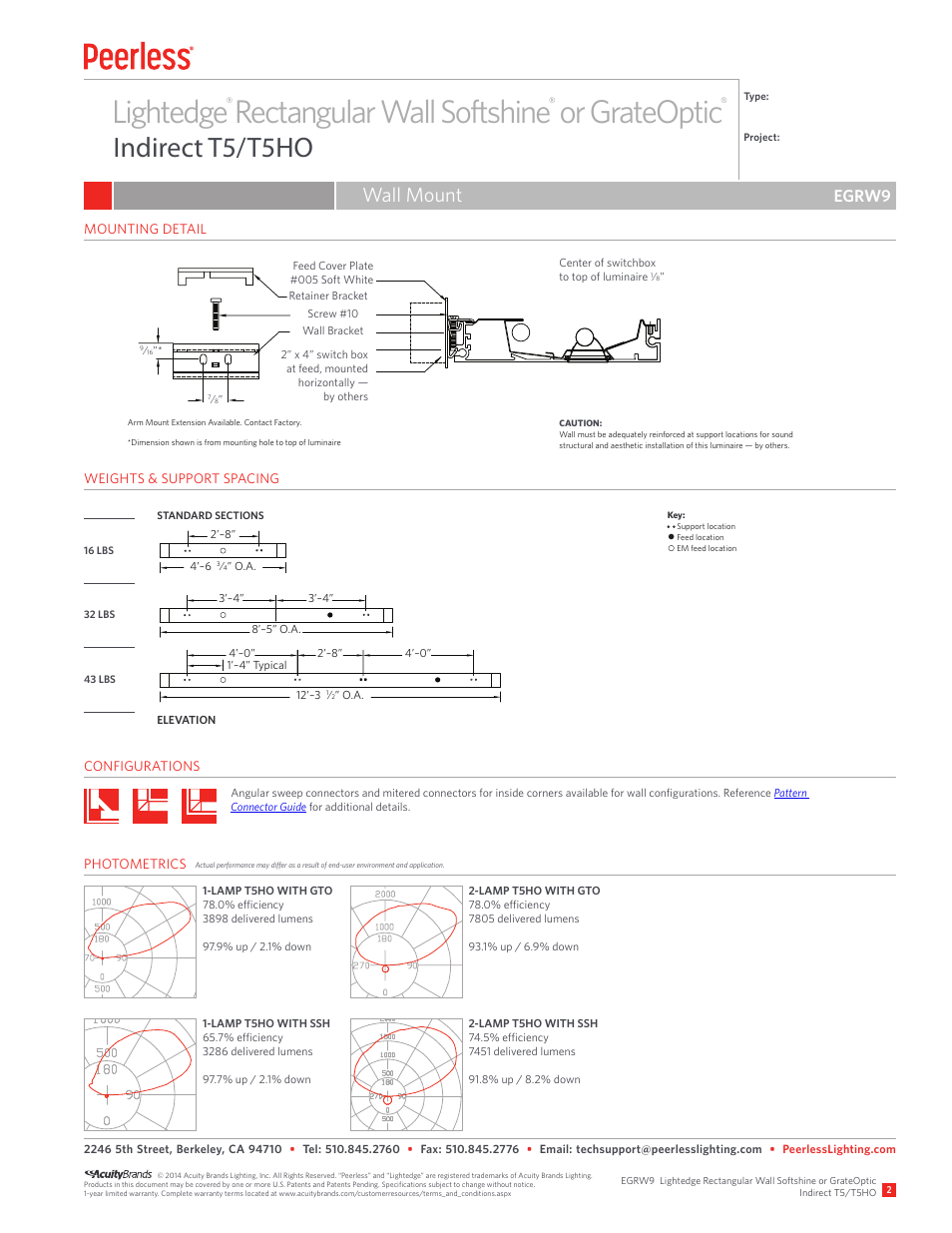 Lightedge rectangular wall softshine or grateoptic, Indirect t5/t5ho, Wall mount | Egrw9 | Peerless Lighting EGRW9 - T5_T5HO User Manual | Page 2 / 2