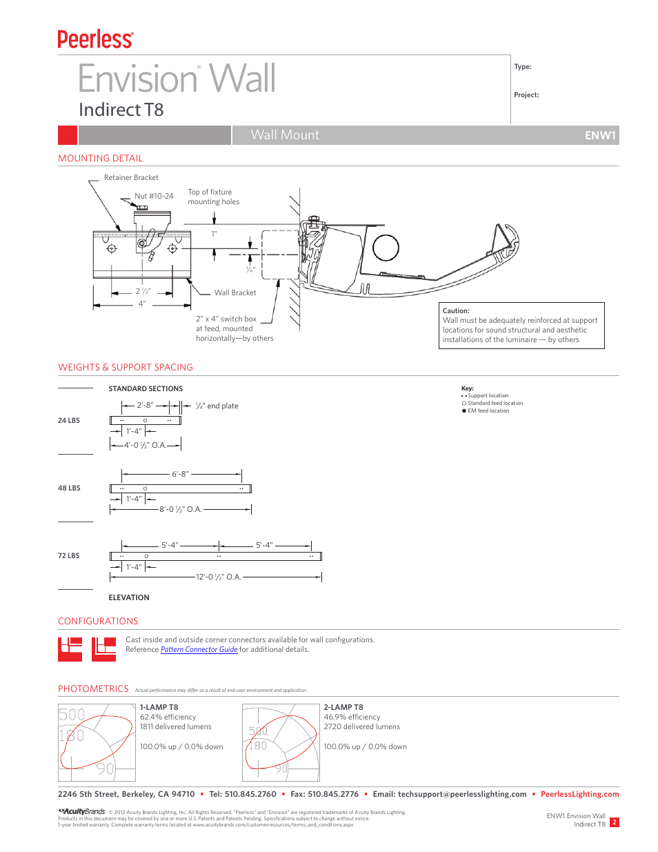 Envision wall, Indirect t8, Wall mount | Enw1 | Peerless Lighting ENW1 - T8 User Manual | Page 2 / 2