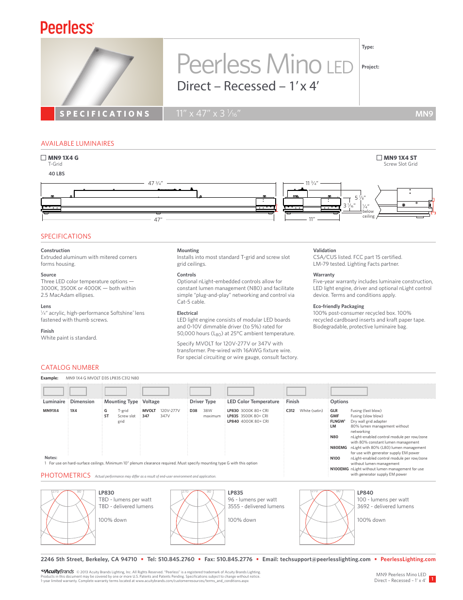 Peerless Lighting MN91x4 Rec - LED User Manual | 2 pages