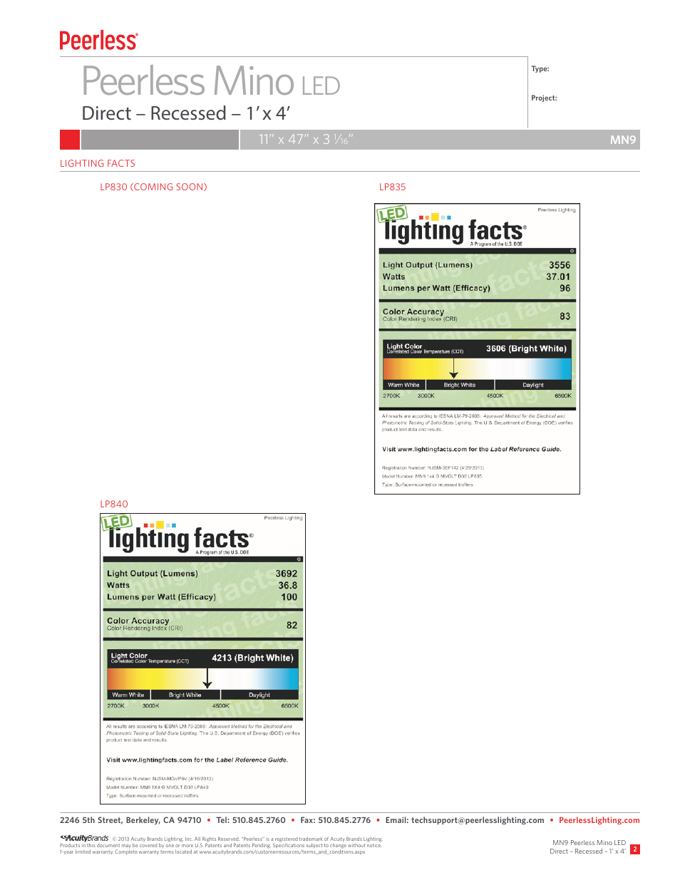 Peerless mino, Direct – recessed – 1’ x 4 | Peerless Lighting MN91x4 Rec - LED User Manual | Page 2 / 2