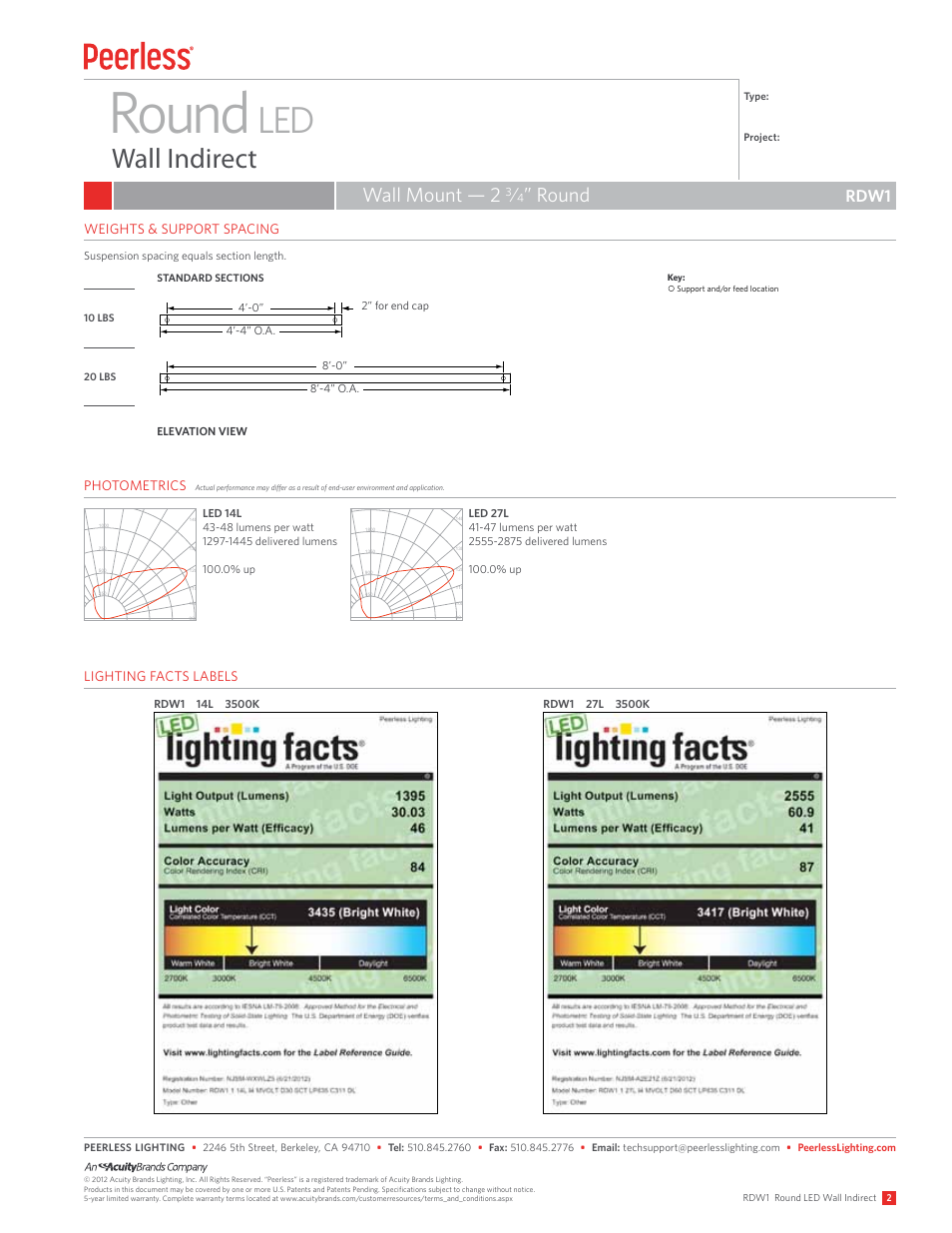 Round, Wall indirect, Wall mount — 2 | Rdw1, Weights & support spacing, Photometrics, Lighting facts labels, Type: ________________________ project: lbs 20 lbs, 2rdw1 round led wall indirect | Peerless Lighting RDW1 - LED User Manual | Page 2 / 3