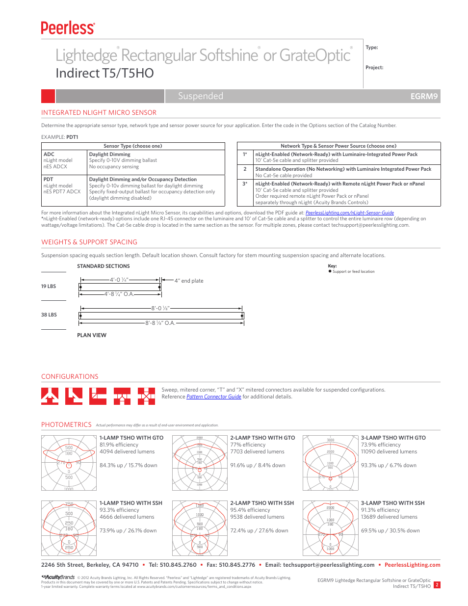 Lightedge rectangular softshine or grateoptic, Indirect t5/t5ho, Suspended | Egrm9 | Peerless Lighting EGRM9 - T5_T5HO User Manual | Page 2 / 2