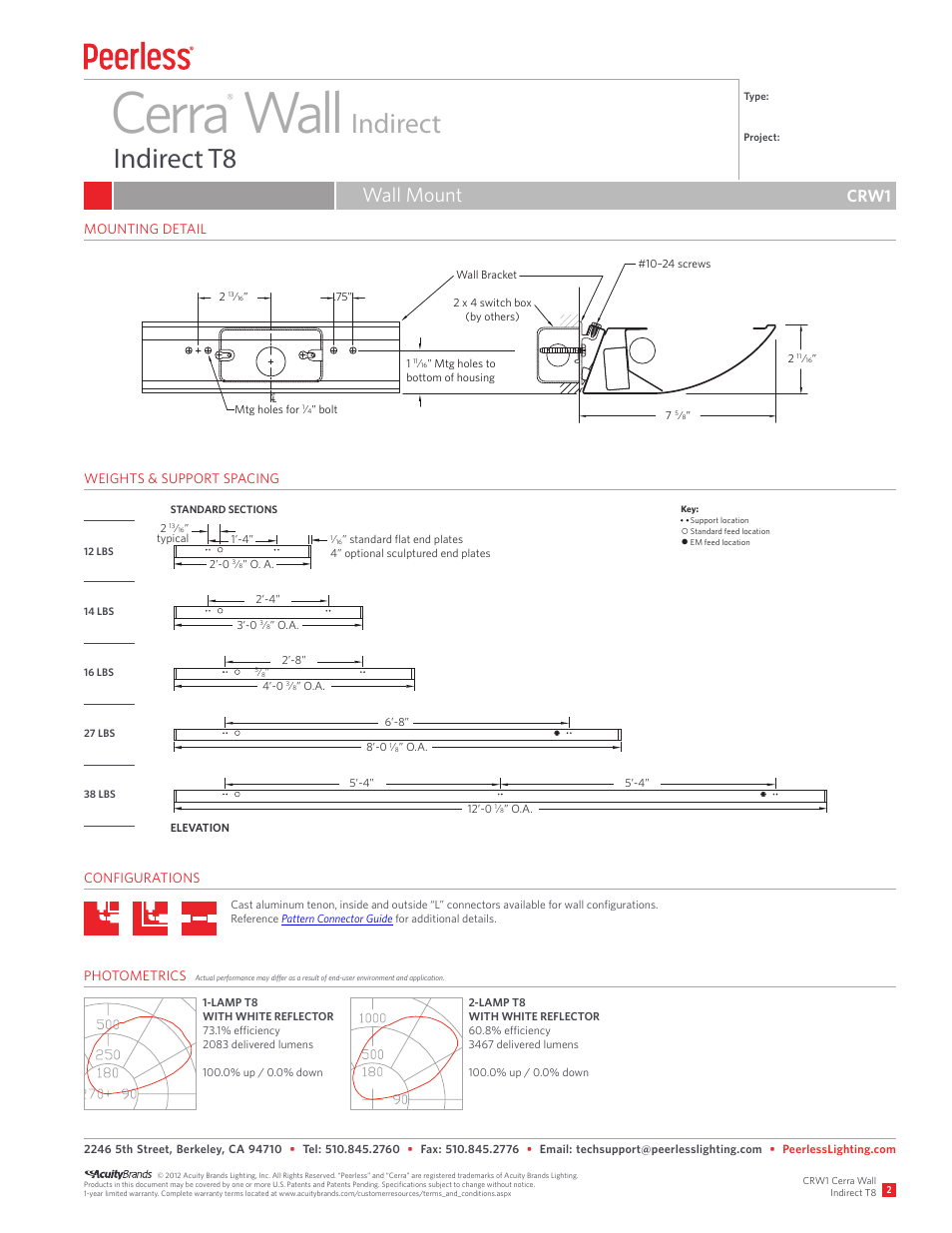 Cerra wall, Indirect indirect t8, Wall mount | Crw1 | Peerless Lighting CRW1 - T8 User Manual | Page 2 / 2