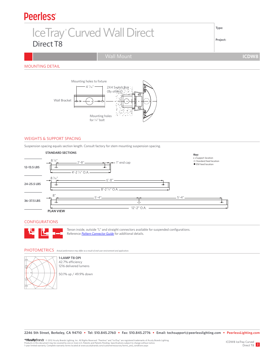 Icetray curved wall direct, Direct t8, Wall mount | Icdw8 | Peerless Lighting ICDW8 - T8 User Manual | Page 2 / 2