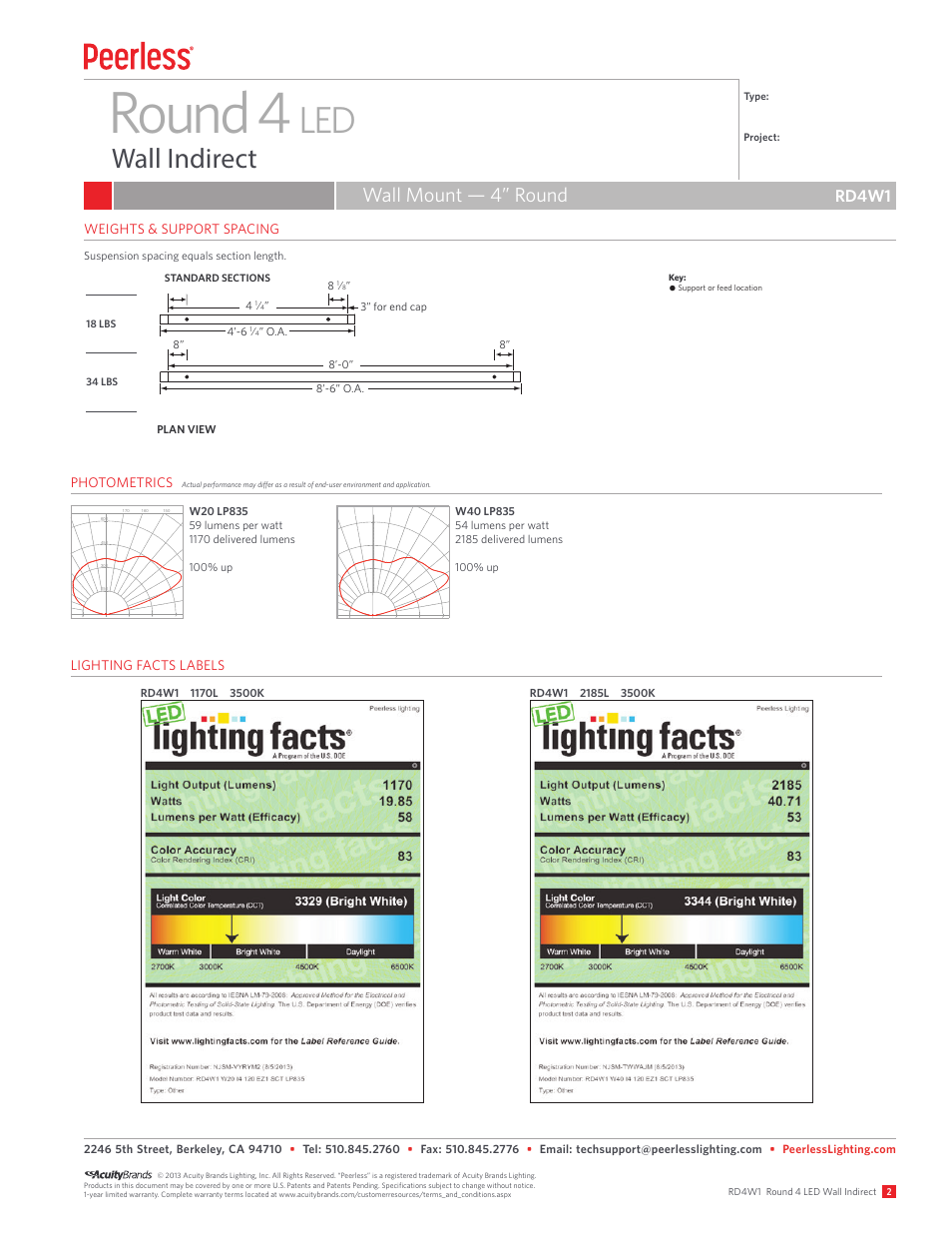 Round 4, Wall indirect, Wall mount — 4” round | Rd4w1, Weights & support spacing, Photometrics, Lighting facts labels | Peerless Lighting RD4W1 - LED User Manual | Page 2 / 2