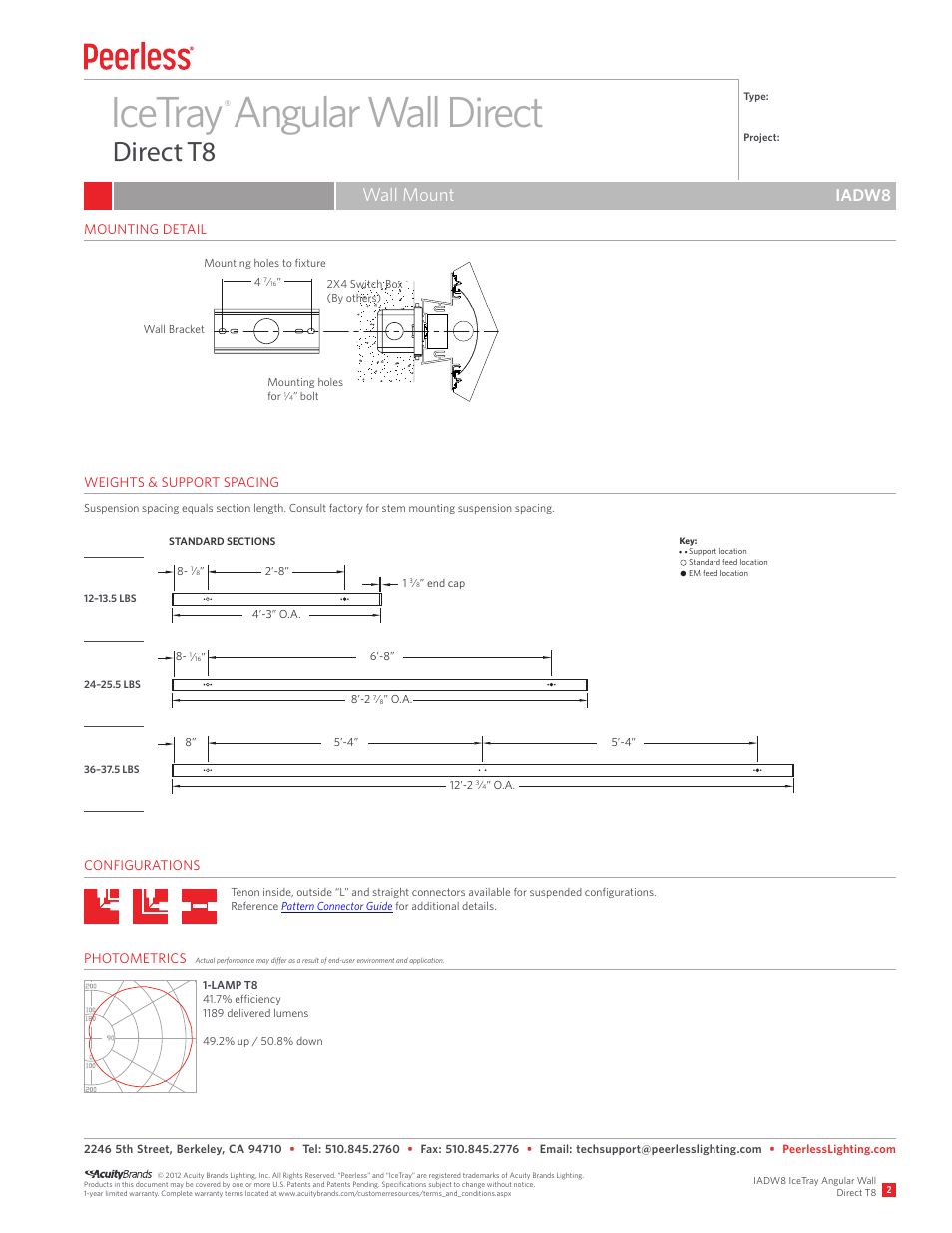 Icetray angular wall direct, Direct t8, Wall mount | Iadw8 | Peerless Lighting IADW8 - T8 User Manual | Page 2 / 2