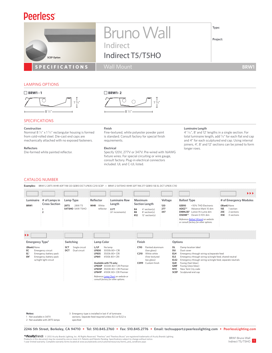 Peerless Lighting BRW1 - T5_T5HO User Manual | 2 pages