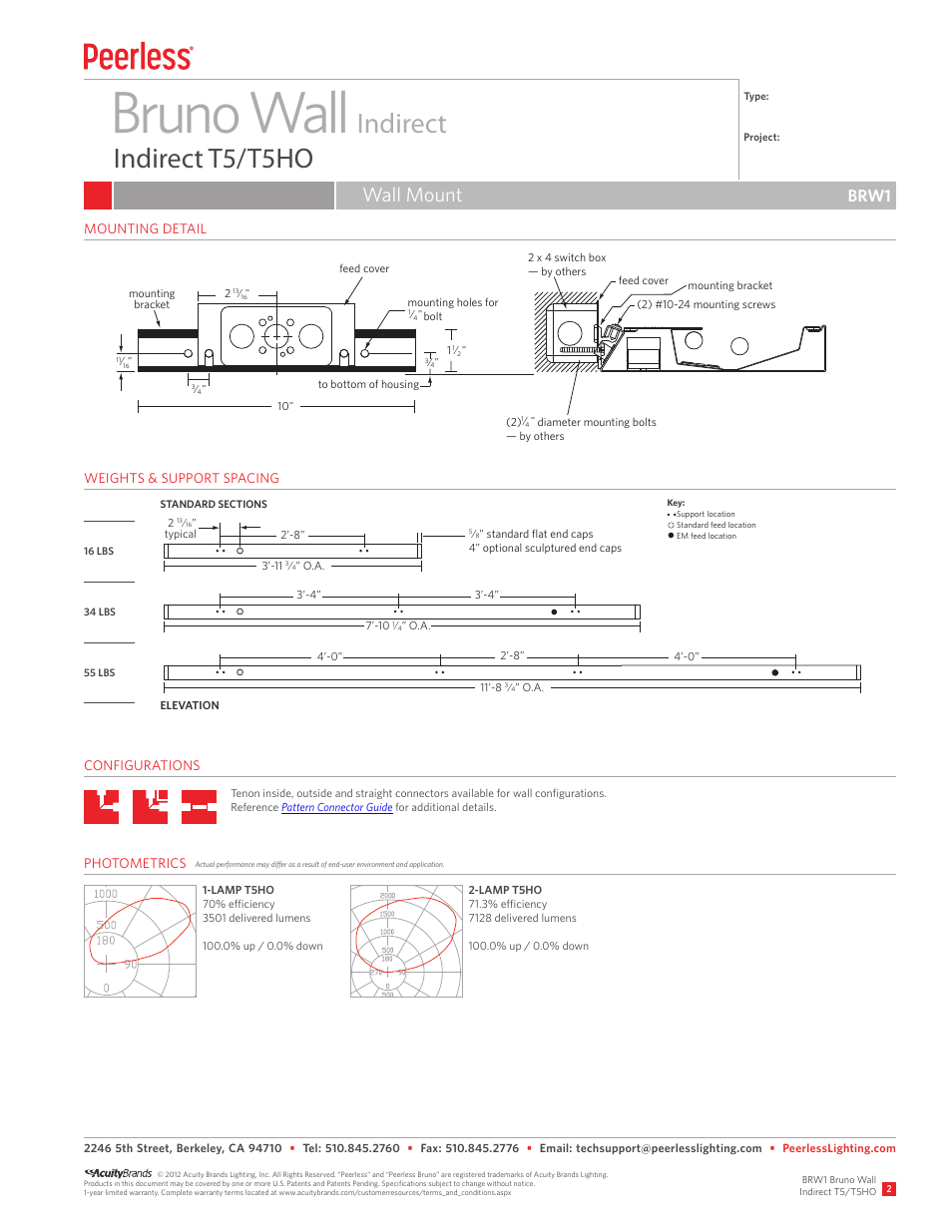 Bruno wall, Indirect indirect t5/t5ho, Wall mount | Brw1 | Peerless Lighting BRW1 - T5_T5HO User Manual | Page 2 / 2