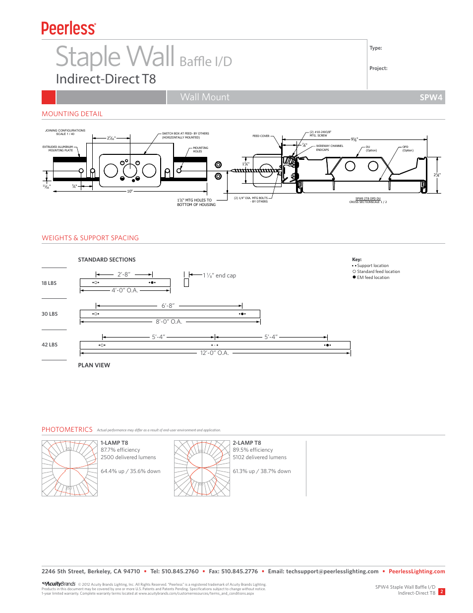 Staple wall, Baffle i/d indirect-direct t8, Wall mount | Spw4 | Peerless Lighting SPW4 - T8 User Manual | Page 2 / 2