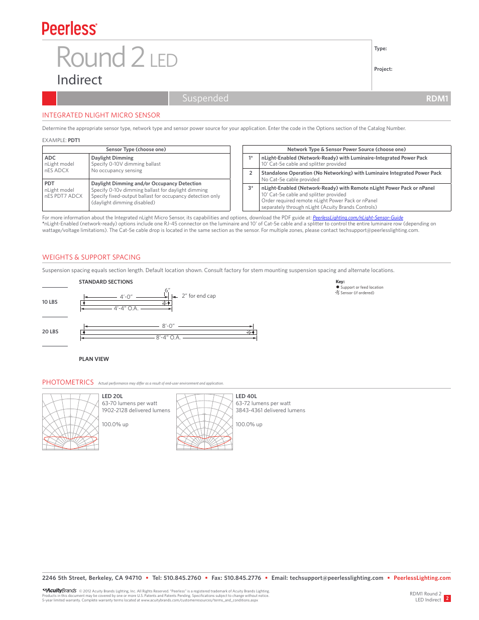 Round 2, Indirect, Suspended | Rdm1, Type: ________________________ project, Support or feed location sensor (if ordered) | Peerless Lighting RDM1 - LED User Manual | Page 2 / 4