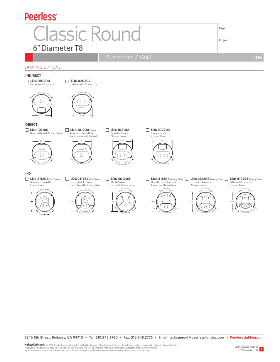 Classic round, 6” diameter t8, Suspended / wall | Lamping options, Indirect direct i/d | Peerless Lighting LD6 (Dir) - T8 User Manual | Page 2 / 3