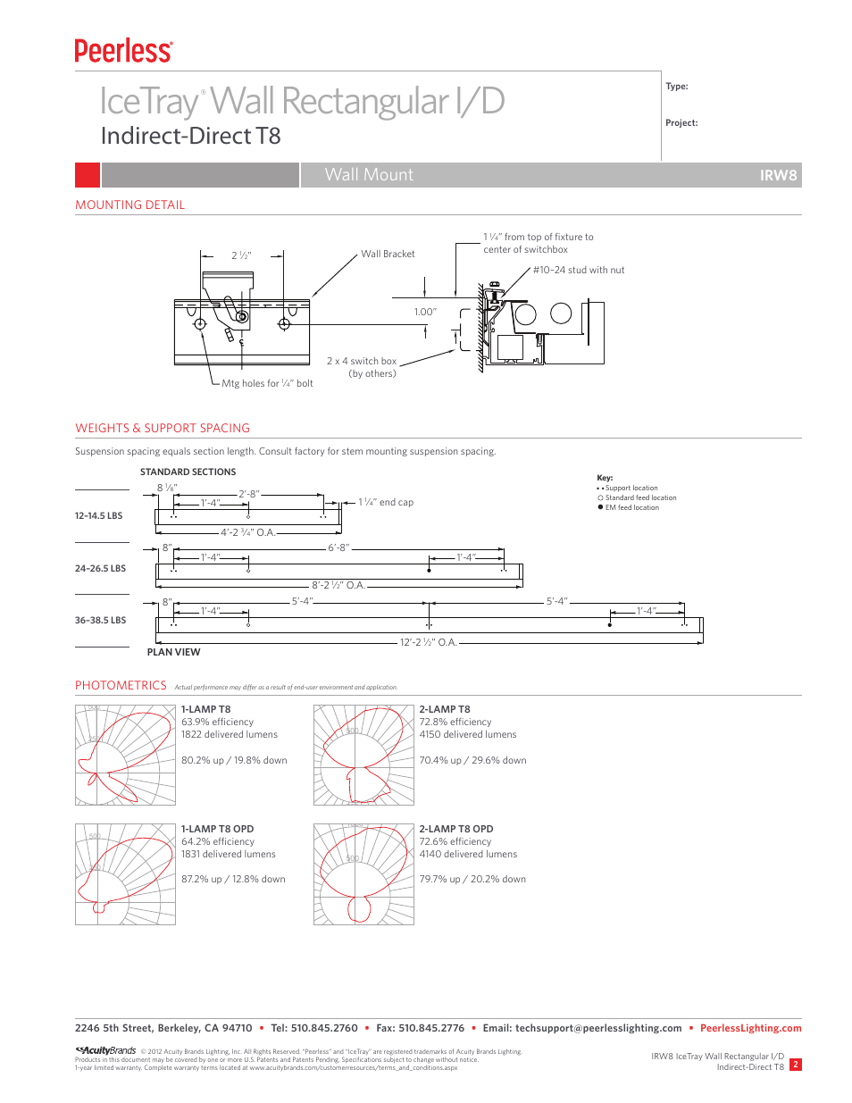 Icetray wall rectangular i/d, Indirect-direct t8, Wall mount | Irw8 | Peerless Lighting IRW8 - T8 User Manual | Page 2 / 2