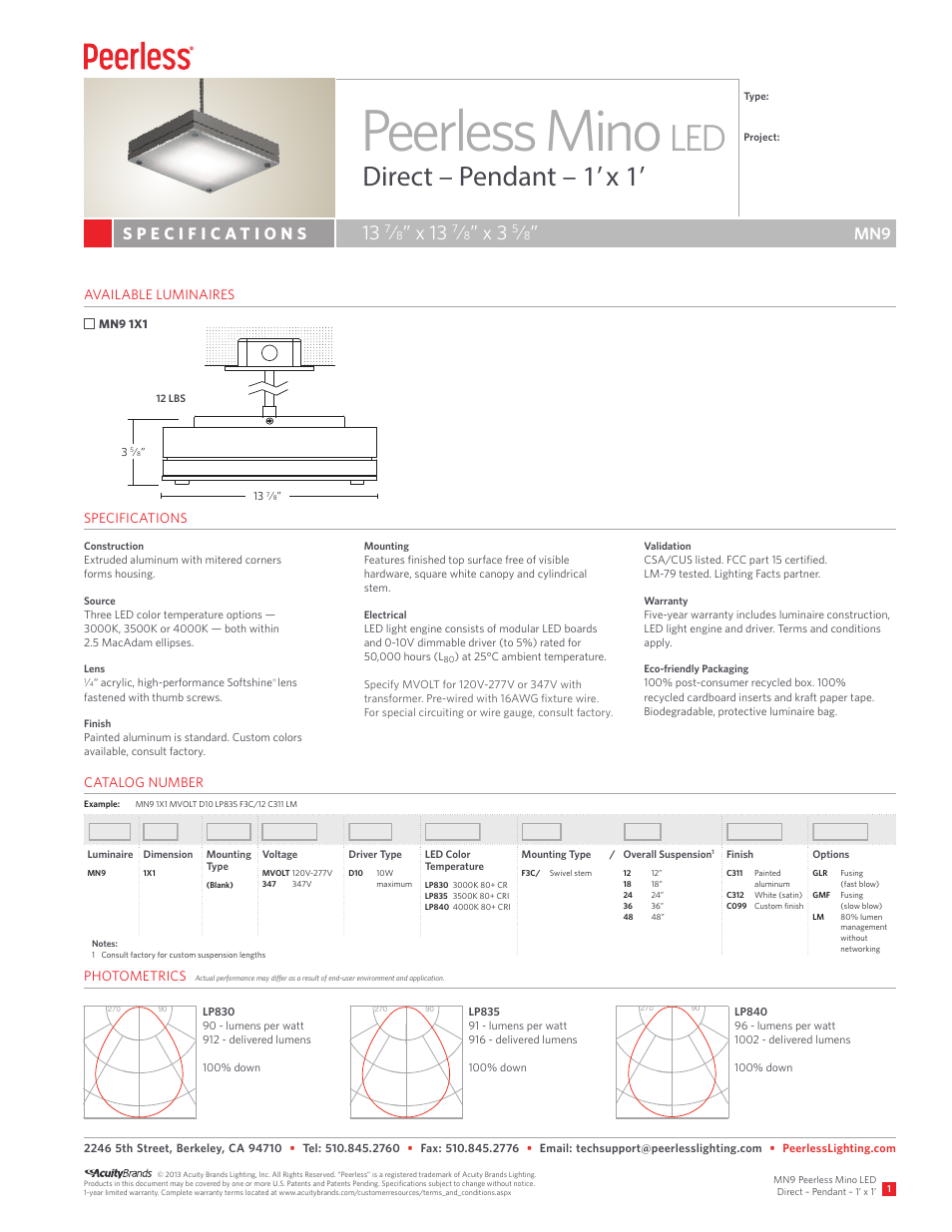 Peerless Lighting MN91x1 Pen - LED User Manual | 2 pages