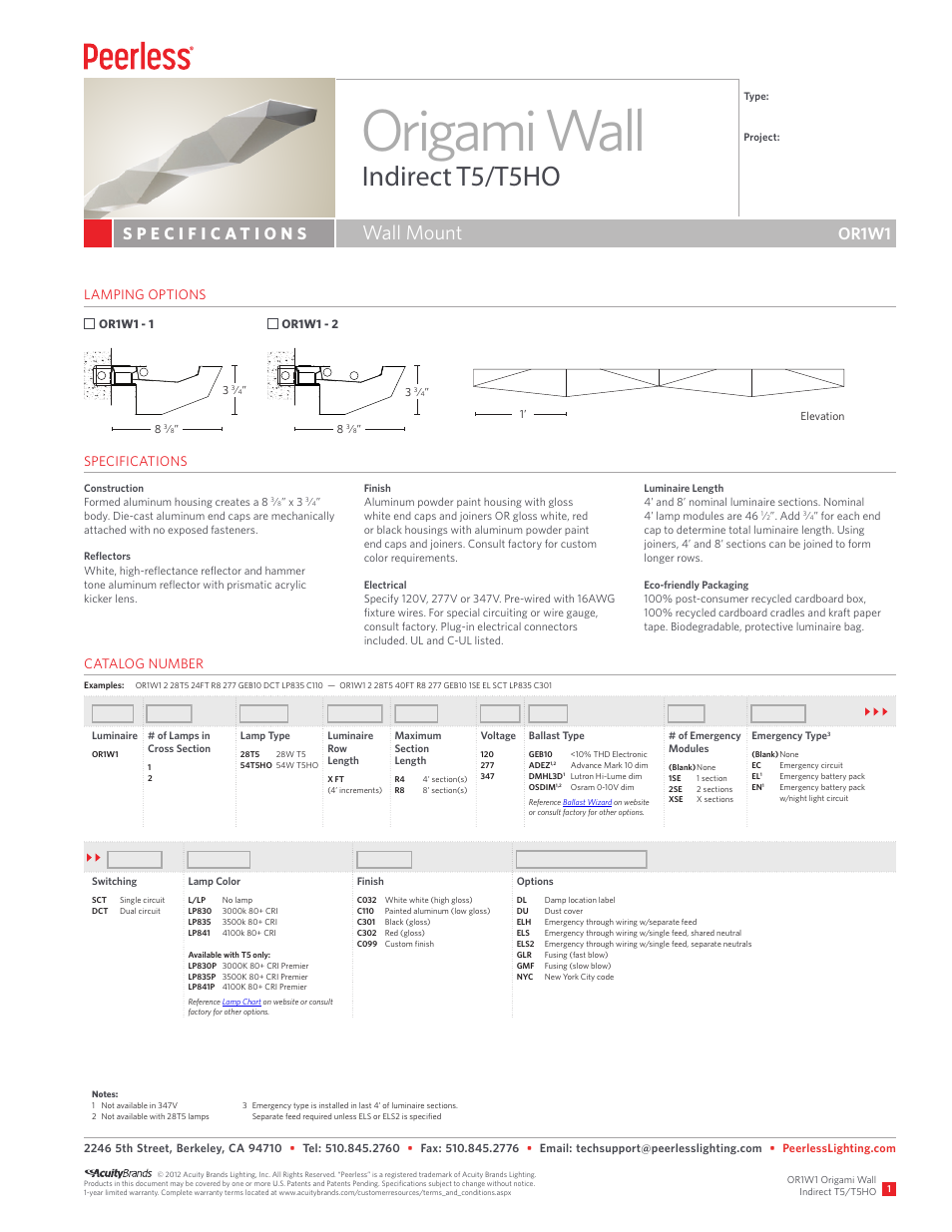 Peerless Lighting OR1W1 - T5_T5HO User Manual | 2 pages