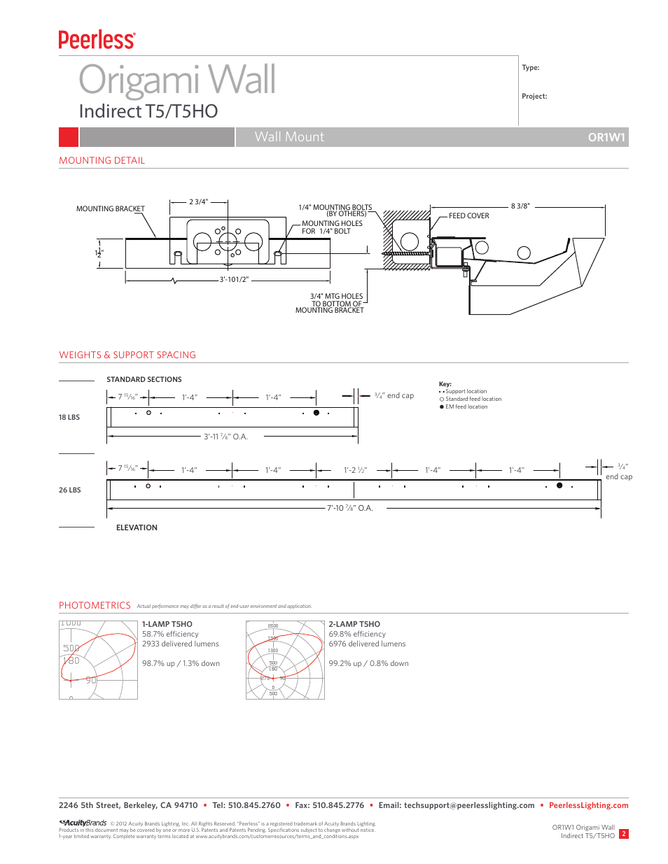 Origami wall, Indirect t5/t5ho, Wall mount | Or1w1 | Peerless Lighting OR1W1 - T5_T5HO User Manual | Page 2 / 2