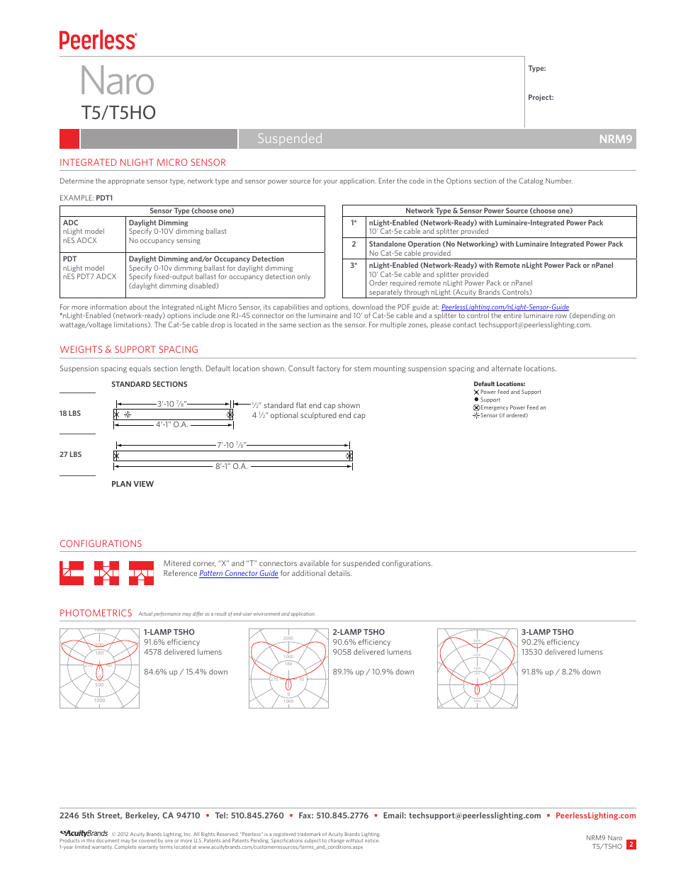 Naro, T5/t5ho, Suspended | Nrm9, Plan view, Standard flat end cap shown 4, 8’-1” o.a | Peerless Lighting NRM9 - T5_T5HO User Manual | Page 2 / 2