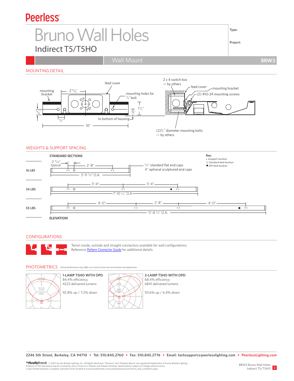 Bruno wall holes, Indirect t5/t5ho, Wall mount | Brw3 | Peerless Lighting BRW3 - T5_T5HO User Manual | Page 2 / 2