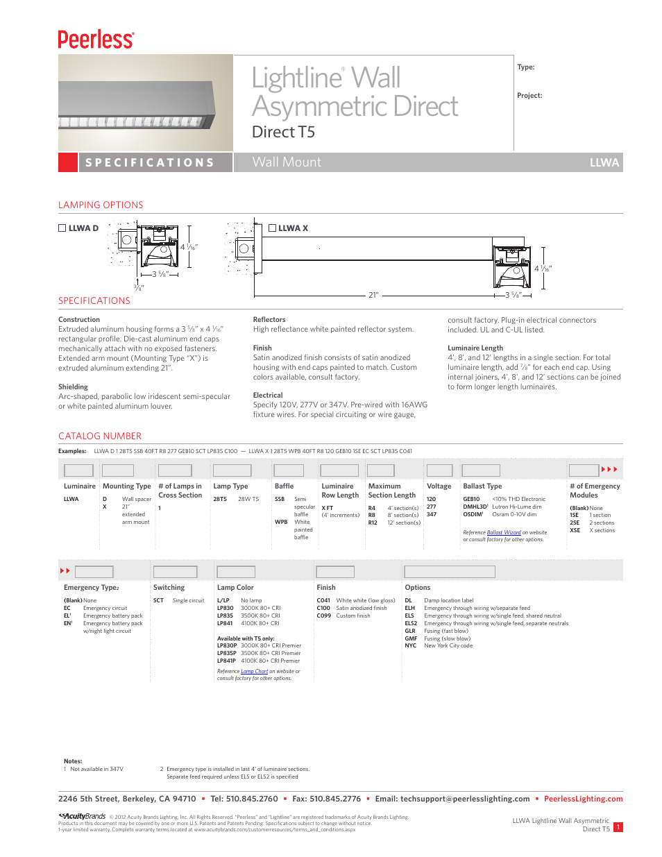 Peerless Lighting LLWA - T5 User Manual | 2 pages