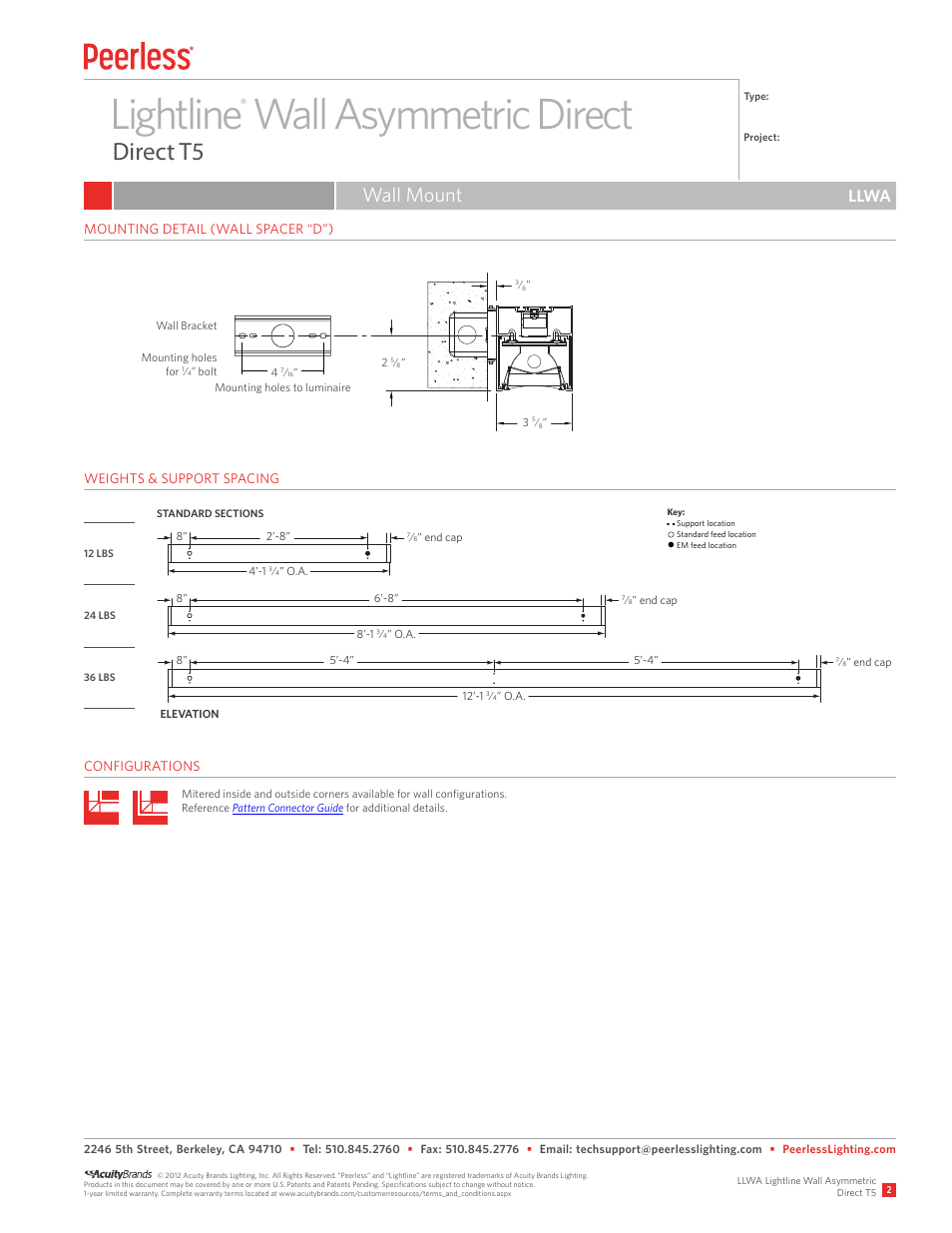 Lightline wall asymmetric direct, Direct t5, Wall mount | Llwa | Peerless Lighting LLWA - T5 User Manual | Page 2 / 2