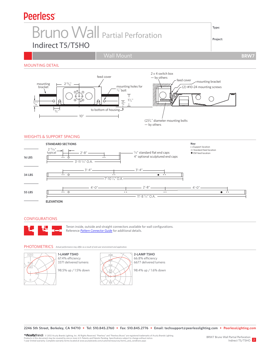 Bruno wall, Partial perforation indirect t5/t5ho, Wall mount | Brw7 | Peerless Lighting BRW7 - T5_T5HO User Manual | Page 2 / 2