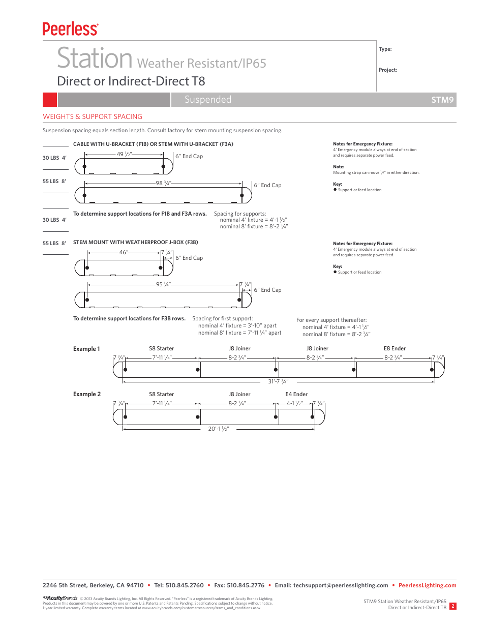 Station, Suspended, Stm9 | Weights & support spacing | Peerless Lighting STM9 - T8 User Manual | Page 2 / 3