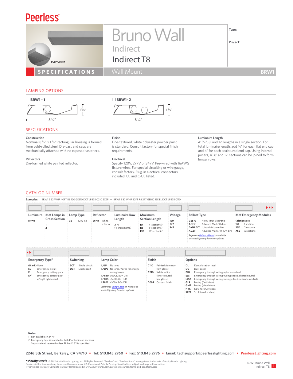 Peerless Lighting BRW1 - T8 User Manual | 2 pages