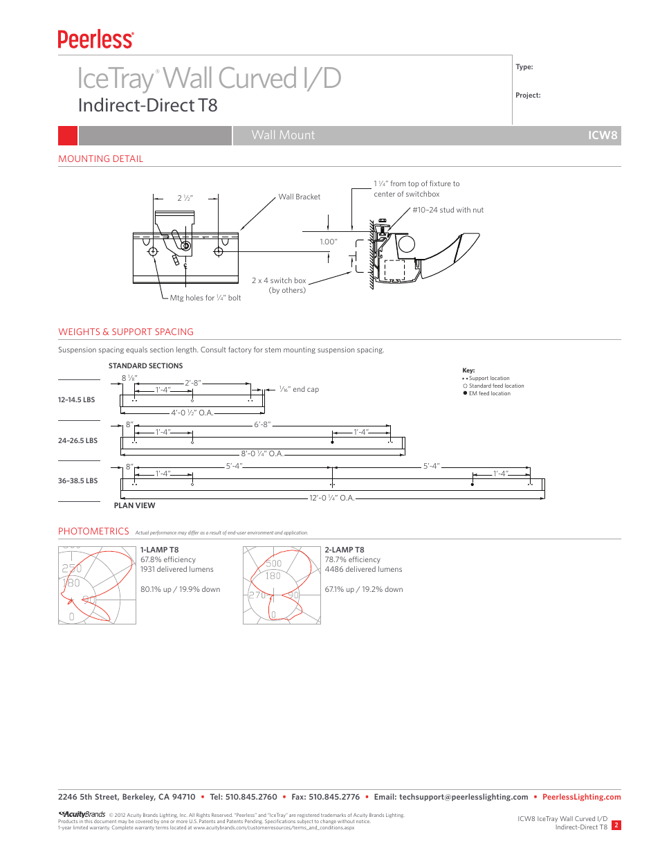 Icetray wall curved i/d, Indirect-direct t8, Wall mount | Icw8 | Peerless Lighting ICW8 - T8 User Manual | Page 2 / 2