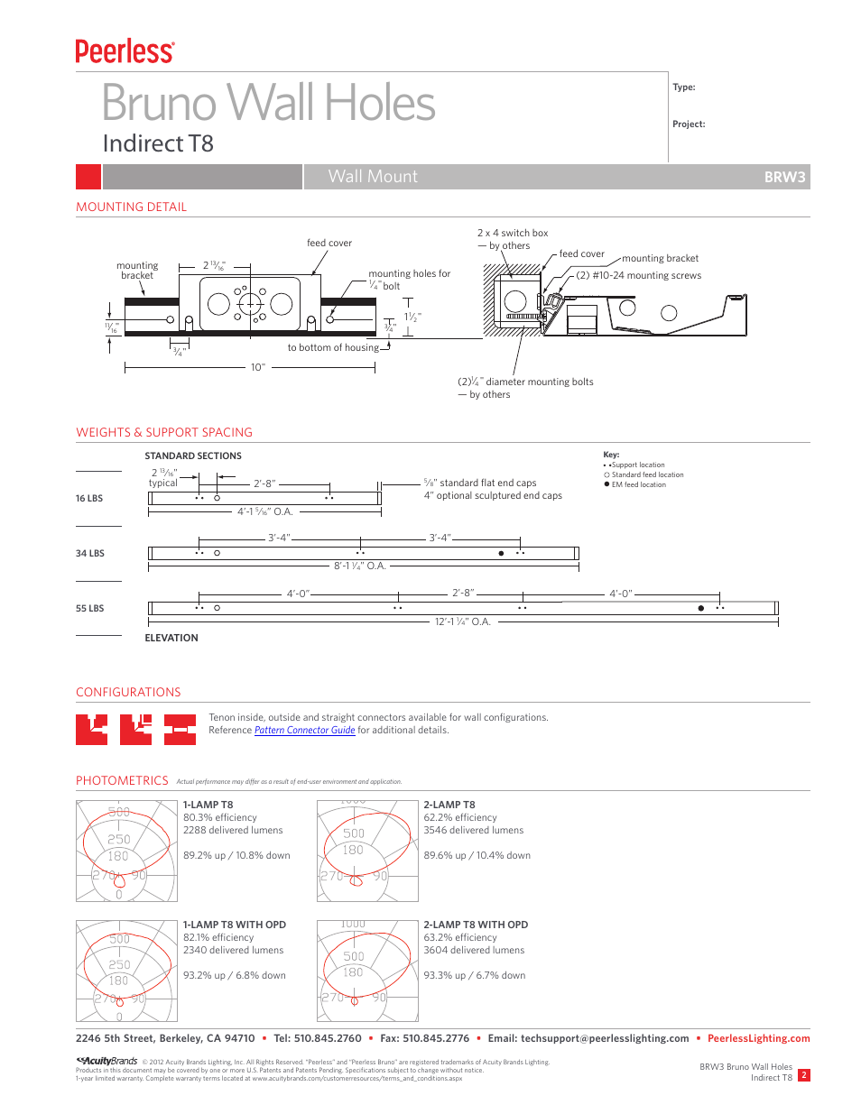Bruno wall holes, Indirect t8, Wall mount | Brw3 | Peerless Lighting BRW3 - T8 User Manual | Page 2 / 2