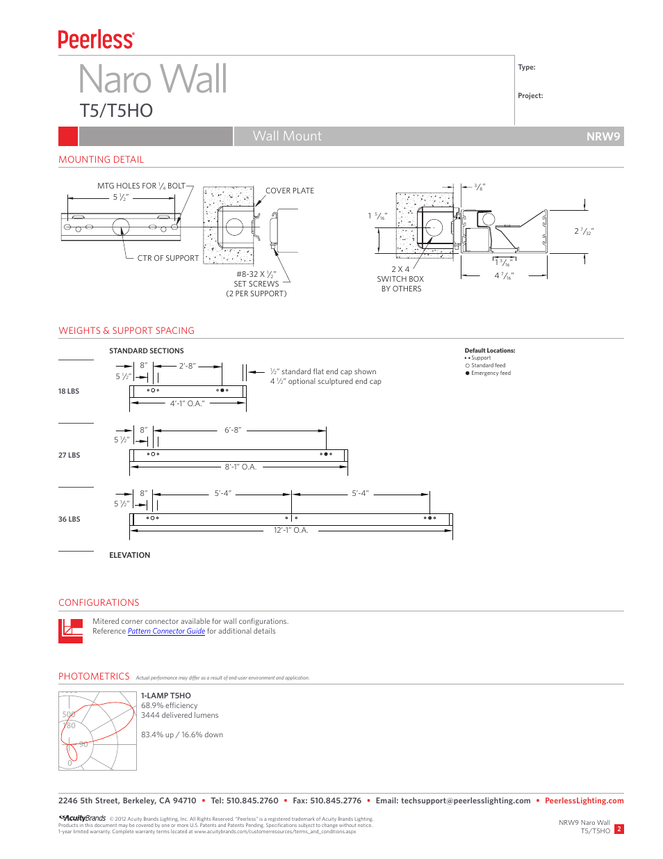 Naro wall, T5/t5ho, Wall mount | Nrw9 | Peerless Lighting NRW9 - T5_T5HO User Manual | Page 2 / 2