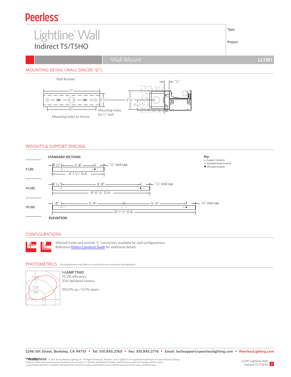 Lightline wall, Indirect t5/t5ho, Wall mount | Ll1w1 | Peerless Lighting LL1W - T5_T5HO User Manual | Page 2 / 2