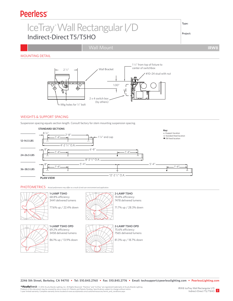 Icetray wall rectangular i/d, Indirect-direct t5/t5ho, Wall mount | Irw8, O.a. 12’-2, O.a. 8’-2, O.a. 1, End cap 2’-8” 8, Type: ________________________ project | Peerless Lighting IRW8 - T5_T5HO User Manual | Page 2 / 2