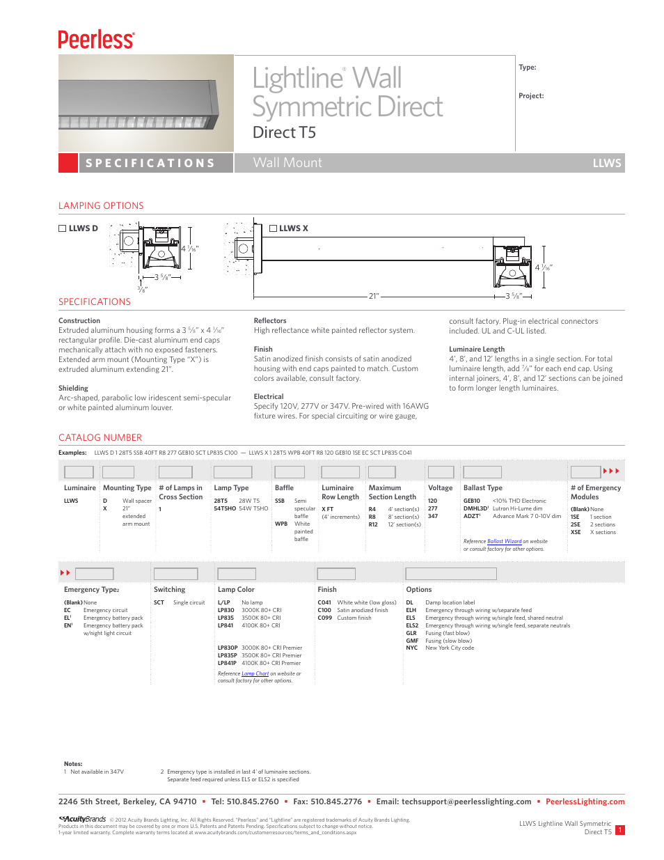 Peerless Lighting LLWS - T5 User Manual | 2 pages