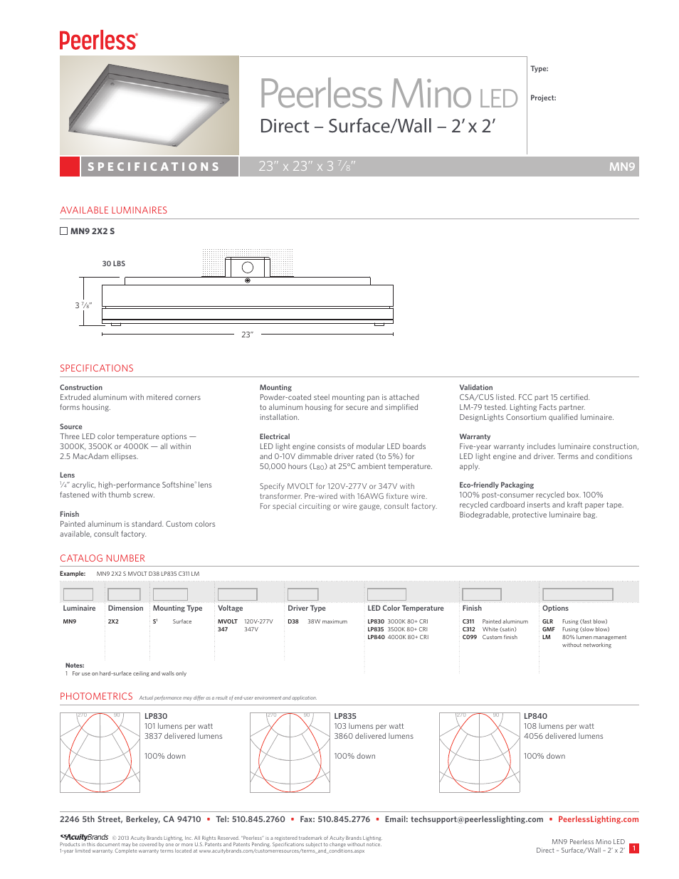 Peerless Lighting MN92x2 Sur - LED User Manual | 2 pages