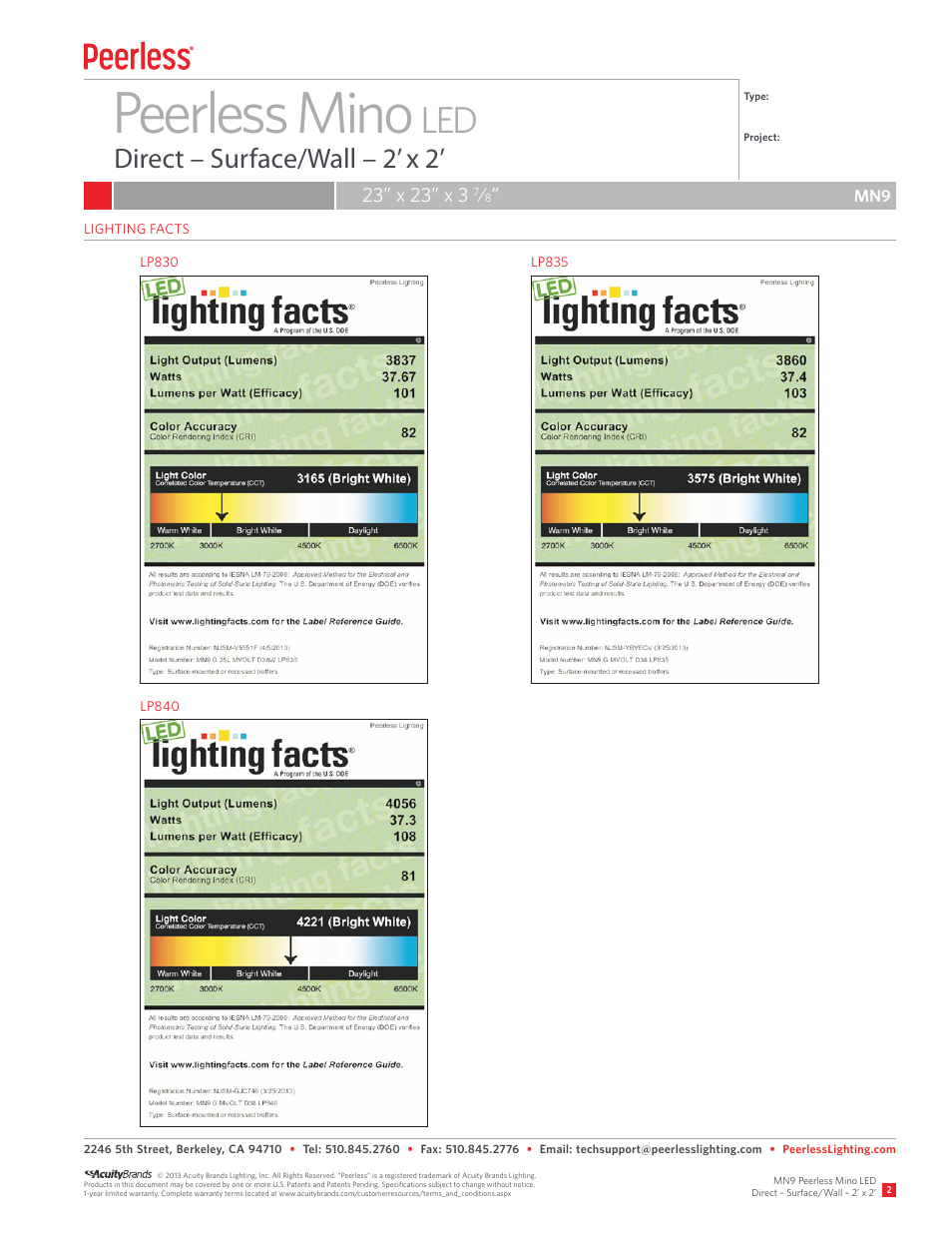 Peerless mino, Direct – surface/wall – 2’ x 2 | Peerless Lighting MN92x2 Sur - LED User Manual | Page 2 / 2