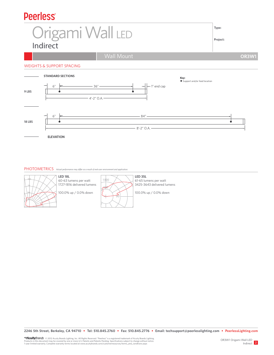 Origami wall, Indirect, Wall mount | Or3w1, Photometrics weights & support spacing, Indirect or3w1 origami wall led | Peerless Lighting OR3W1 - LED User Manual | Page 2 / 4