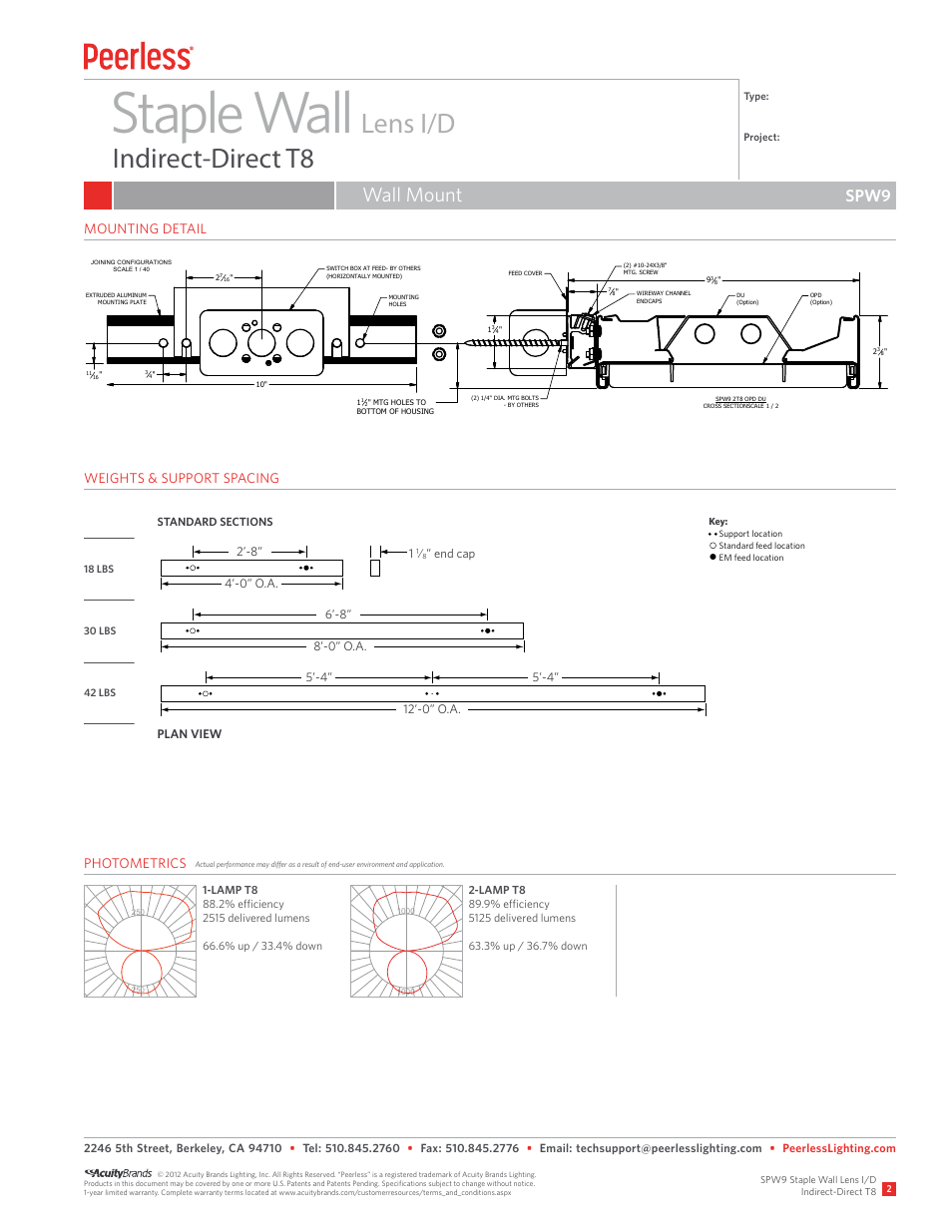 Staple wall, Lens i/d indirect-direct t8, Wall mount | Spw9 | Peerless Lighting SPW9 - T8 User Manual | Page 2 / 2