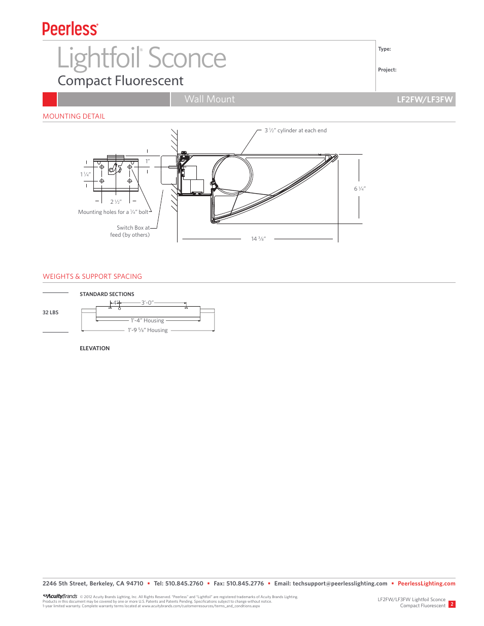 Lightfoil sconce, Compact fluorescent, Wall mount | Lf2fw/lf3fw | Peerless Lighting LF3FW - CF User Manual | Page 2 / 2