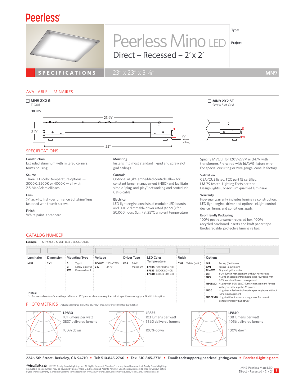 Peerless Lighting MN92x2 Rec - LED User Manual | 2 pages