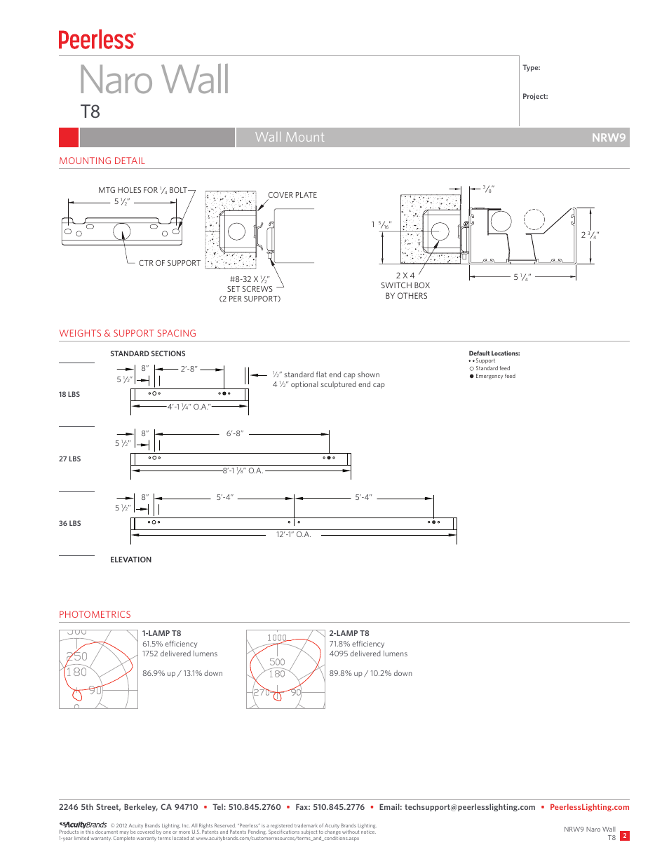 Naro wall, Wall mount, Nrw9 | Peerless Lighting NRW9 - T8 User Manual | Page 2 / 2