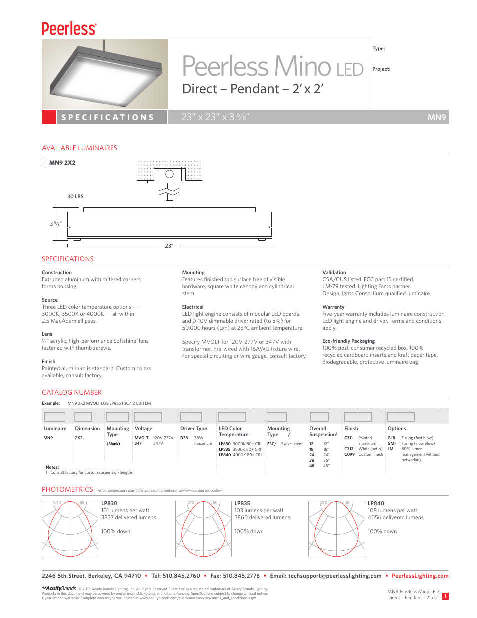 Peerless Lighting MN92x2 Pen - LED User Manual | 2 pages
