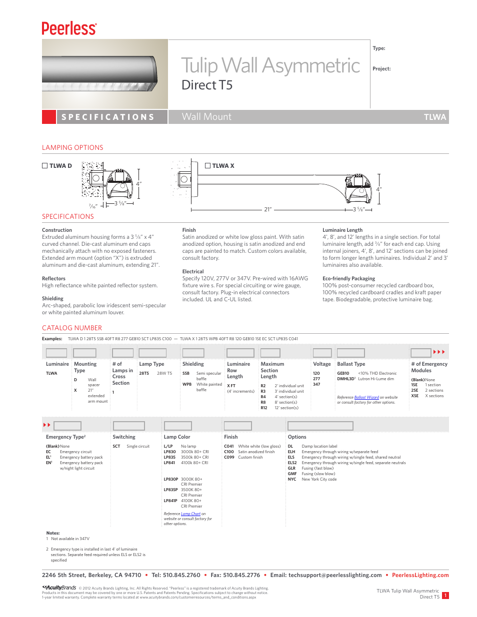 Peerless Lighting TLWA - T5 User Manual | 2 pages