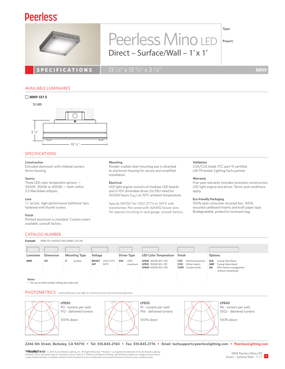 Peerless Lighting MN91x1 Sur - LED User Manual | 2 pages