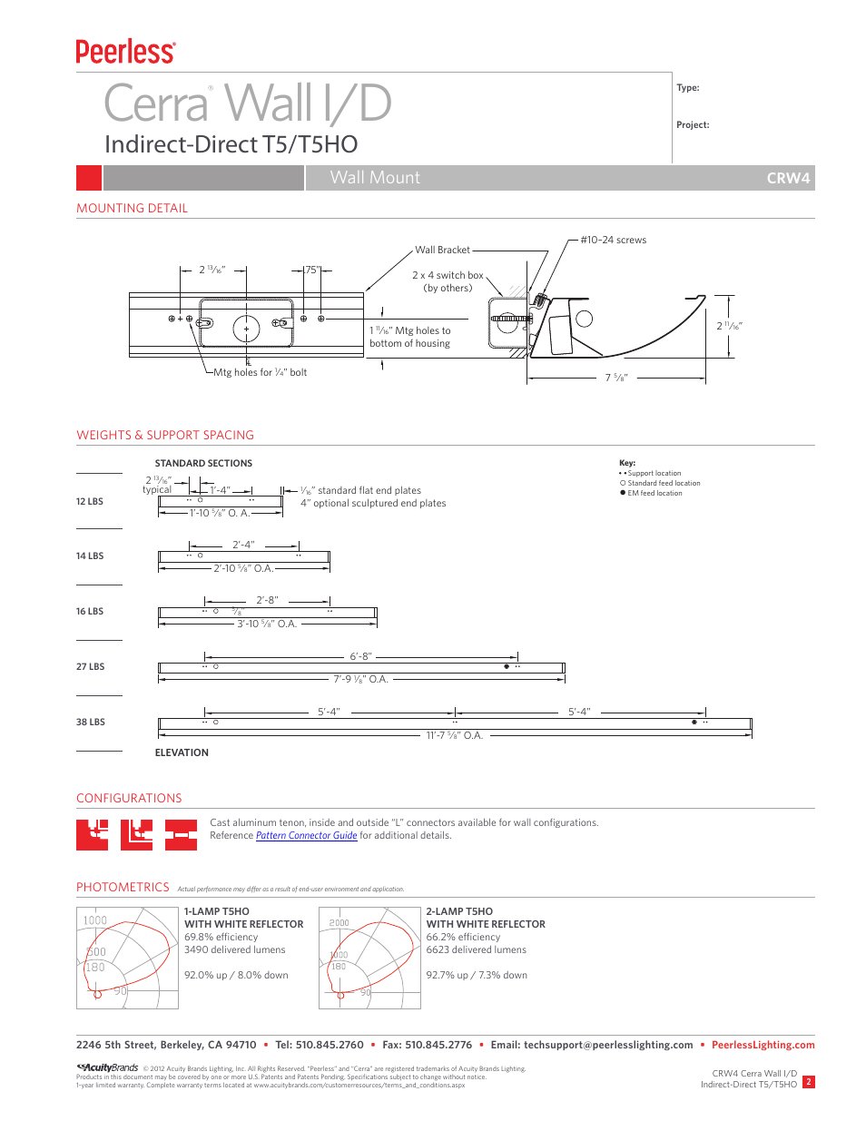 Cerra wall i/d, Indirect-direct t5/t5ho, Wall mount | Crw4 | Peerless Lighting CRW4 - T5_T5HO User Manual | Page 2 / 2