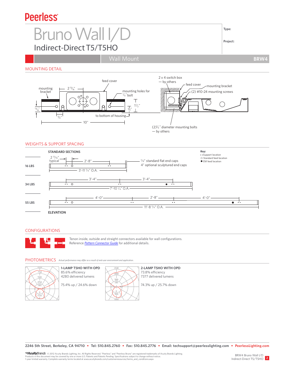 Bruno wall i/d, Indirect-direct t5/t5ho, Wall mount | Brw4 | Peerless Lighting BRW4 - T5_T5HO User Manual | Page 2 / 2