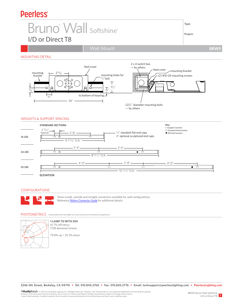 Bruno wall, Softshine i/d or direct t8, Wall mount | Brw9 | Peerless Lighting BRW9 - T8 User Manual | Page 2 / 2