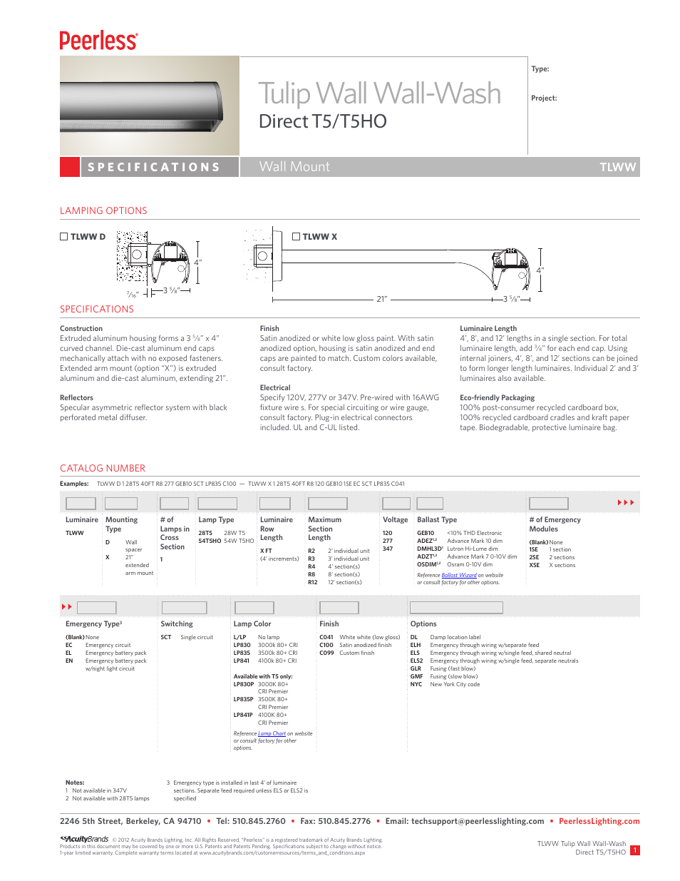 Peerless Lighting TLWW - T5_T5HO User Manual | 2 pages