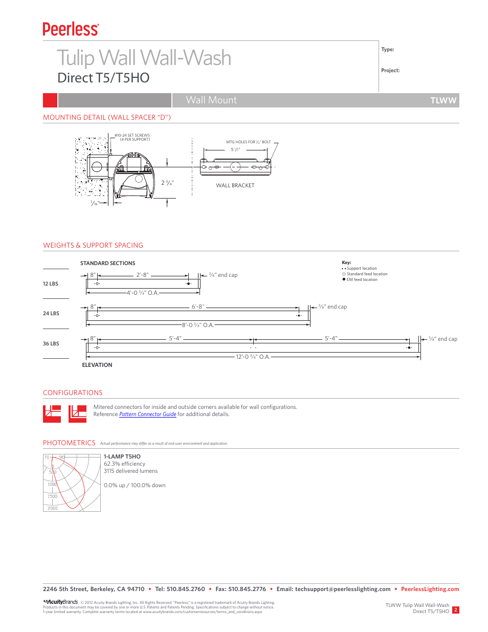 Tulip wall wall-wash, Direct t5/t5ho, Wall mount | Tlww | Peerless Lighting TLWW - T5_T5HO User Manual | Page 2 / 2